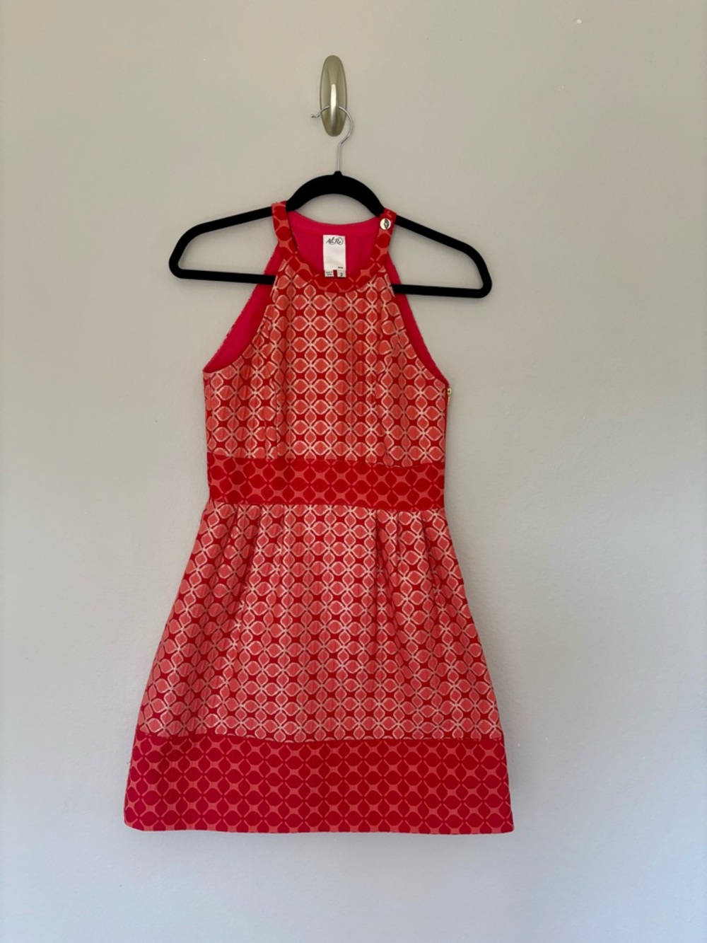 Ali Ro Coral Red Metallic Jacquard Halter Dress Cocktail Gold Brocade: Size 2